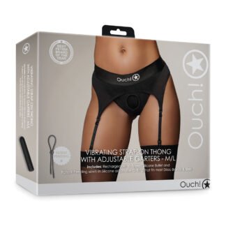 Shots Ouch Vibrating Strap On Thong w/Adjustable Garters - Black M/L